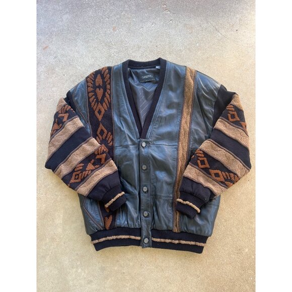 Vintage Saxony Collection XL Leather & Knit Cardigan Jacket - Picture 1 of 7